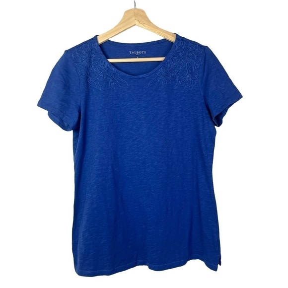 Talbots Blue Round Neck Floral Embroidered Short Sleeve T-Shirt S - Picture 1 of 3